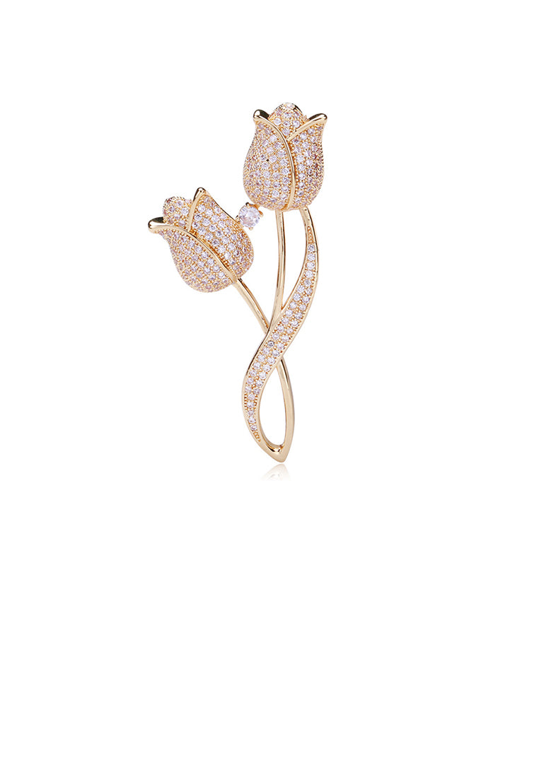 Fashion and Elegant Plated Gold Double Tulip Brooch with Cubic Zirconia - Luxurious Look