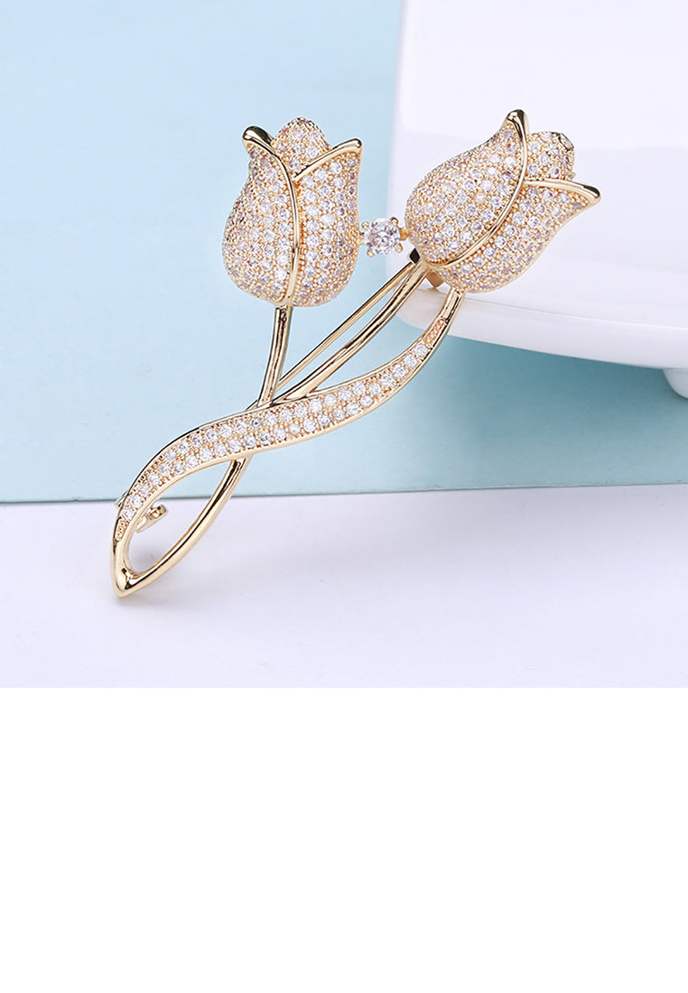 Fashion and Elegant Plated Gold Double Tulip Brooch with Cubic Zirconia - Luxurious Look
