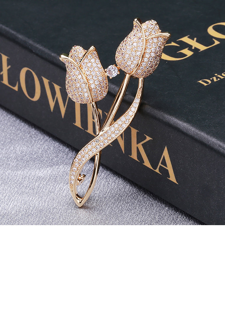 Fashion and Elegant Plated Gold Double Tulip Brooch with Cubic Zirconia - Luxurious Look