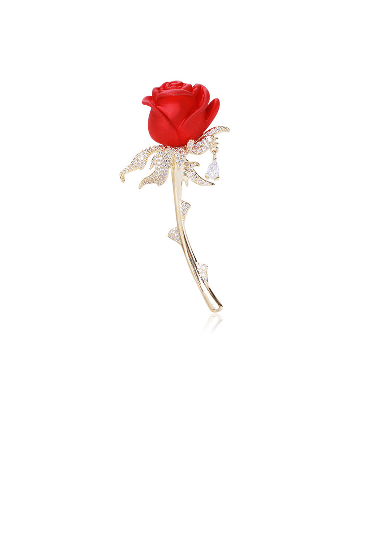 Fashion Temperament Plated Gold Enamel Red Rose Brooch with Cubic Zirconia - Luxurious Look - Vibrant Color