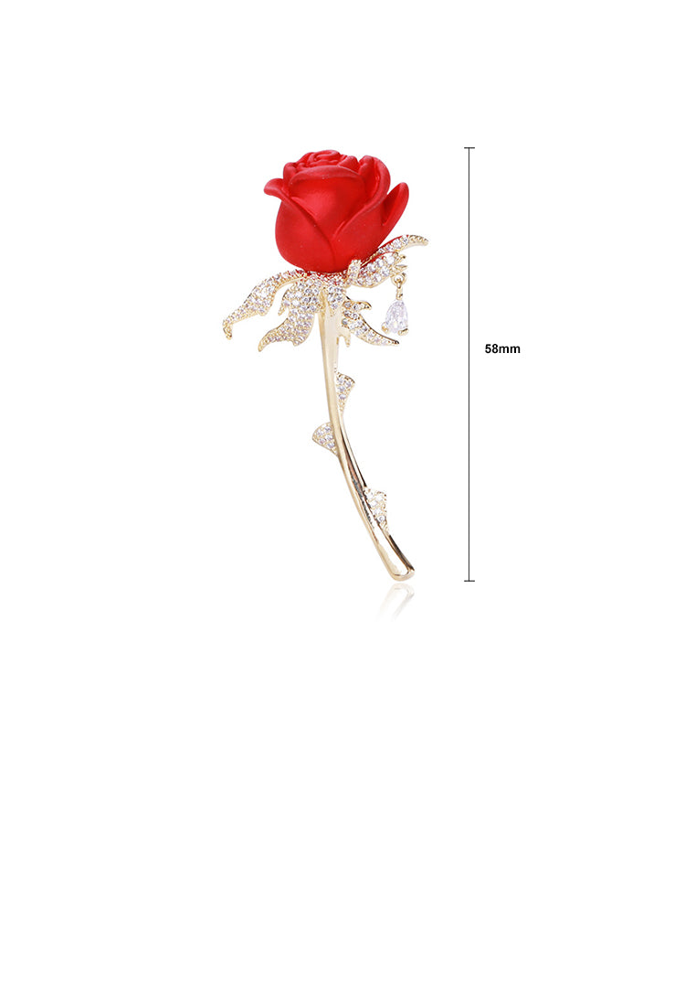 Fashion Temperament Plated Gold Enamel Red Rose Brooch with Cubic Zirconia - Luxurious Look - Vibrant Color