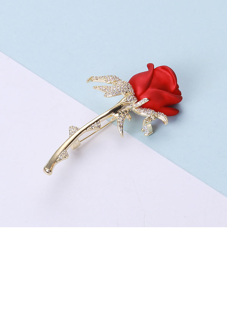 Fashion Temperament Plated Gold Enamel Red Rose Brooch with Cubic Zirconia - Luxurious Look - Vibrant Color