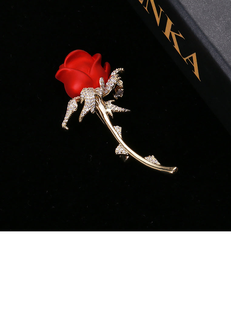 Fashion Temperament Plated Gold Enamel Red Rose Brooch with Cubic Zirconia - Luxurious Look - Vibrant Color