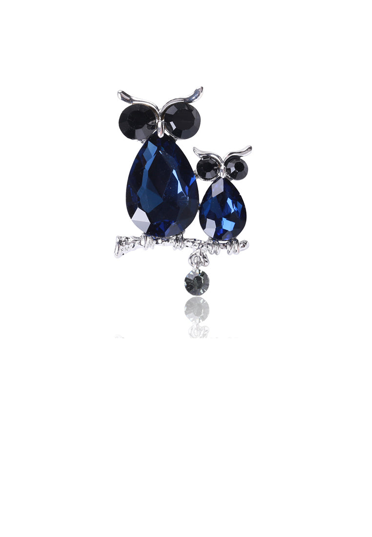 Simple and Cute Double Owl Brooch with Blue Cubic Zirconia - Luxurious Look