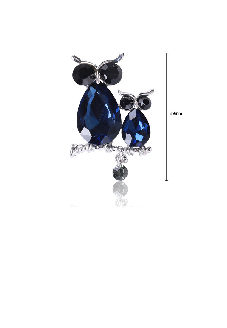 Simple and Cute Double Owl Brooch with Blue Cubic Zirconia - Luxurious Look