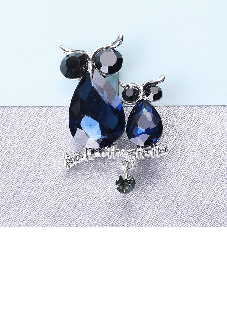 Simple and Cute Double Owl Brooch with Blue Cubic Zirconia - Luxurious Look