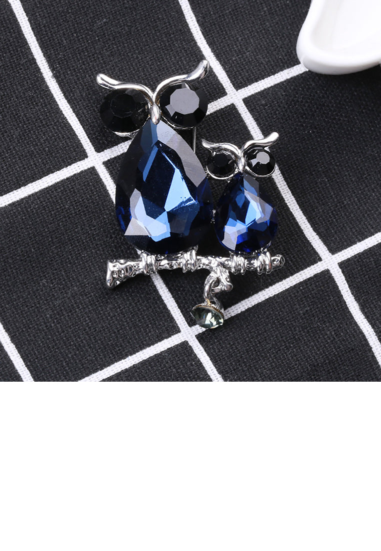 Simple and Cute Double Owl Brooch with Blue Cubic Zirconia - Luxurious Look