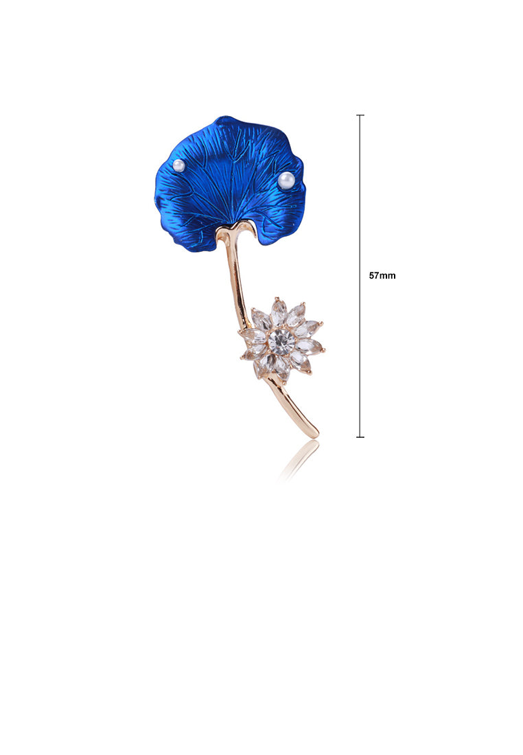 Fashion Temperament Plated Gold Enamel Blue Lotus Brooch with Cubic Zirconia - Luxurious Look