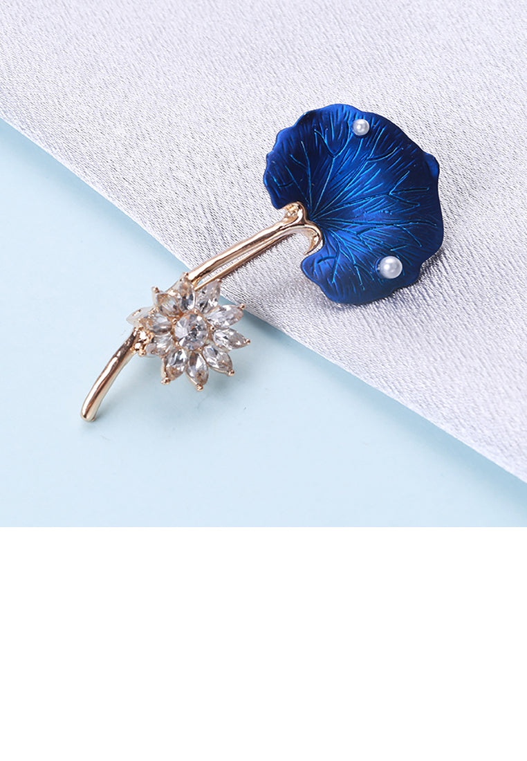 Fashion Temperament Plated Gold Enamel Blue Lotus Brooch with Cubic Zirconia - Luxurious Look