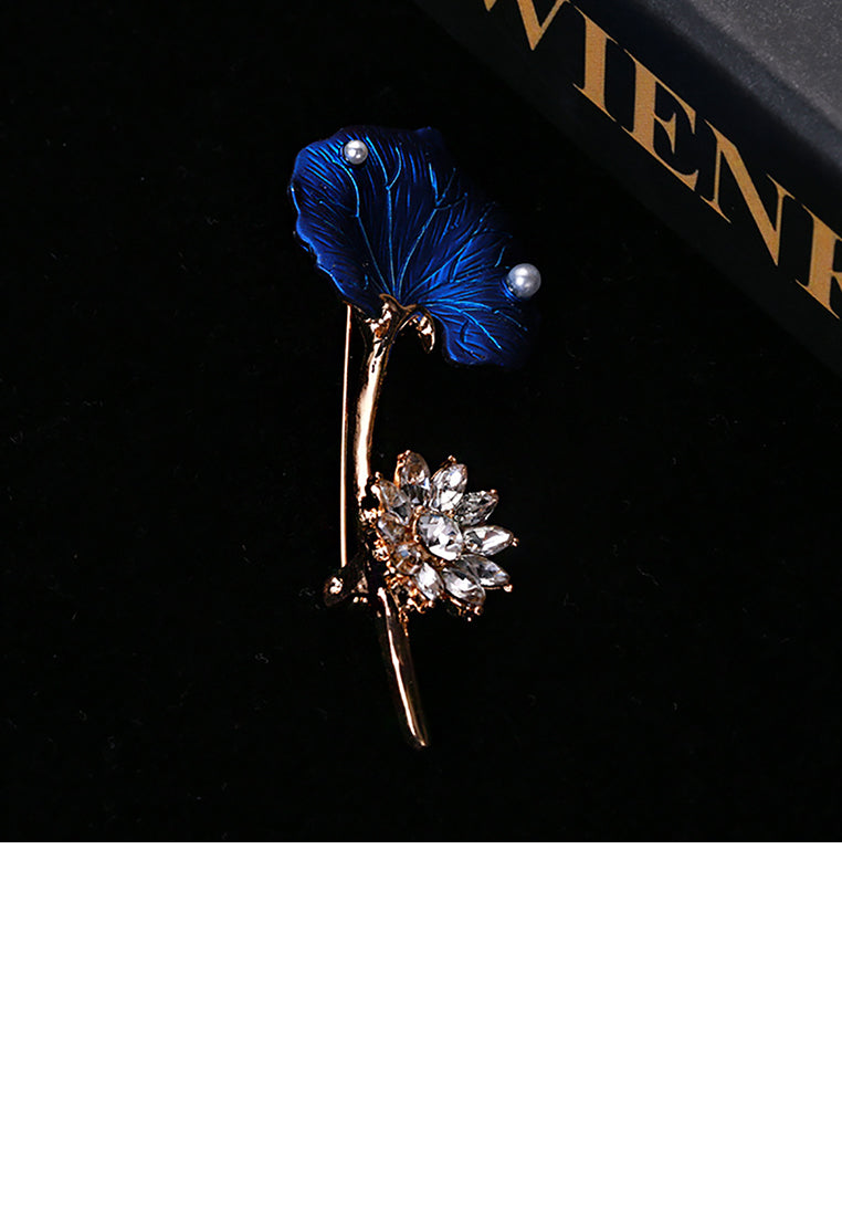 Fashion Temperament Plated Gold Enamel Blue Lotus Brooch with Cubic Zirconia - Luxurious Look