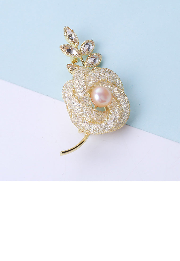 Fashion and Elegant Plated Gold Flower Brooch with Champagne Cubic Zirconia - Luxurious Look