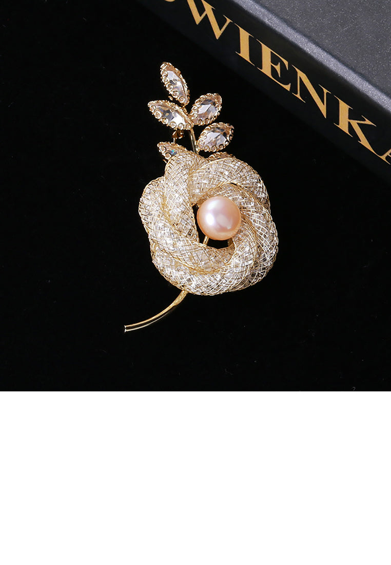 Fashion and Elegant Plated Gold Flower Brooch with Champagne Cubic Zirconia - Luxurious Look