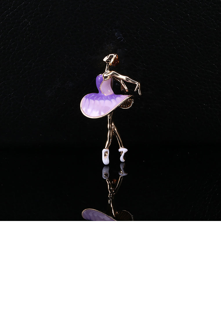 Fashion Elegant Plated Gold Enamel Purple Clothes Ballet Girl Brooch