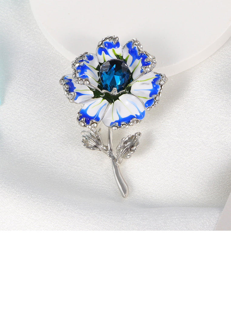 Fashion and Elegant Blue Flower Brooch with Cubic Zirconia - Luxurious Look