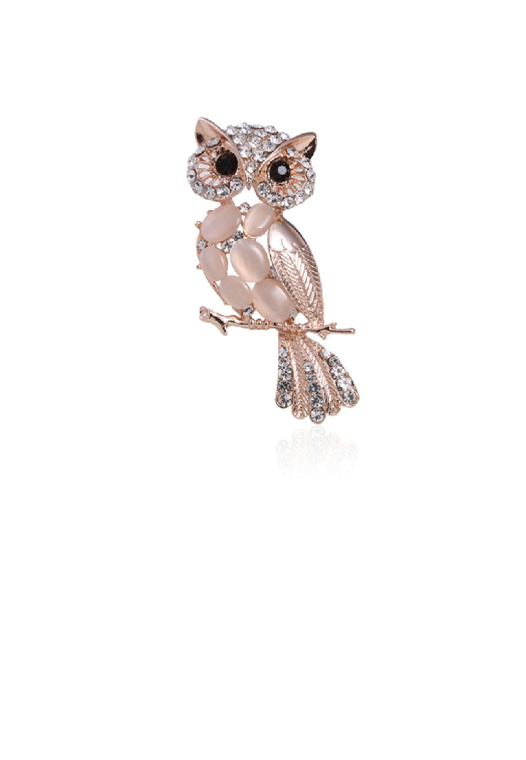 Fashion Cute Plated Gold Owl Imitation Opal Brooch with Cubic Zirconia - Luxurious Look