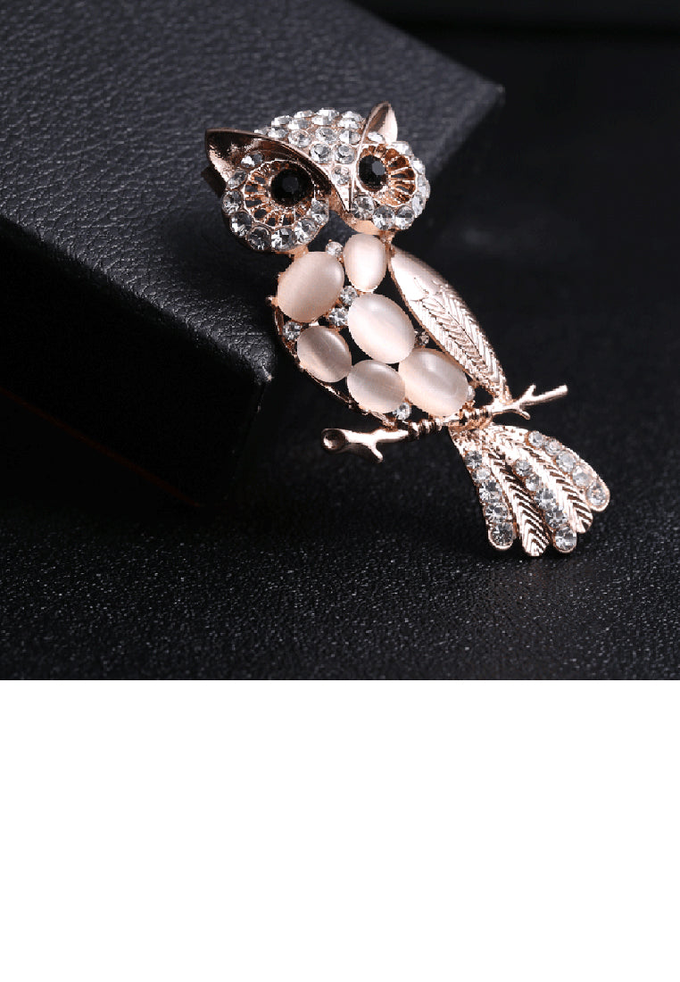 Fashion Cute Plated Gold Owl Imitation Opal Brooch with Cubic Zirconia - Luxurious Look