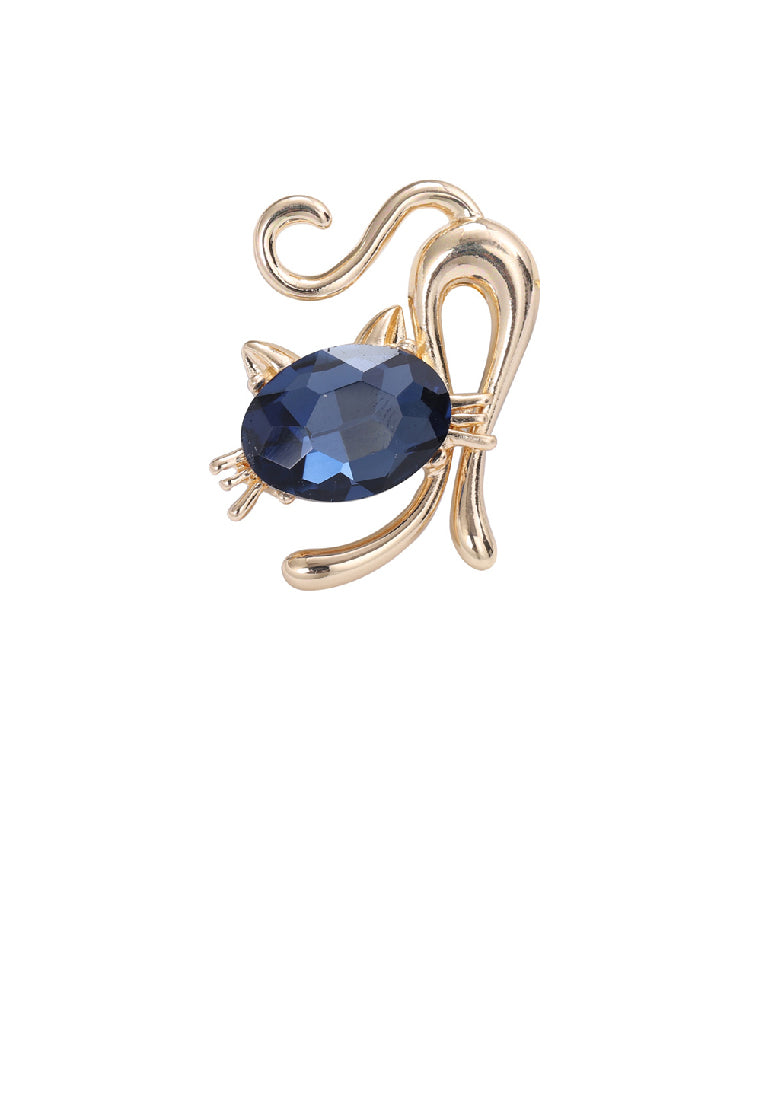 Simple and Cute Plated Gold Cat Brooch with Blue Cubic Zirconia - Luxurious Look