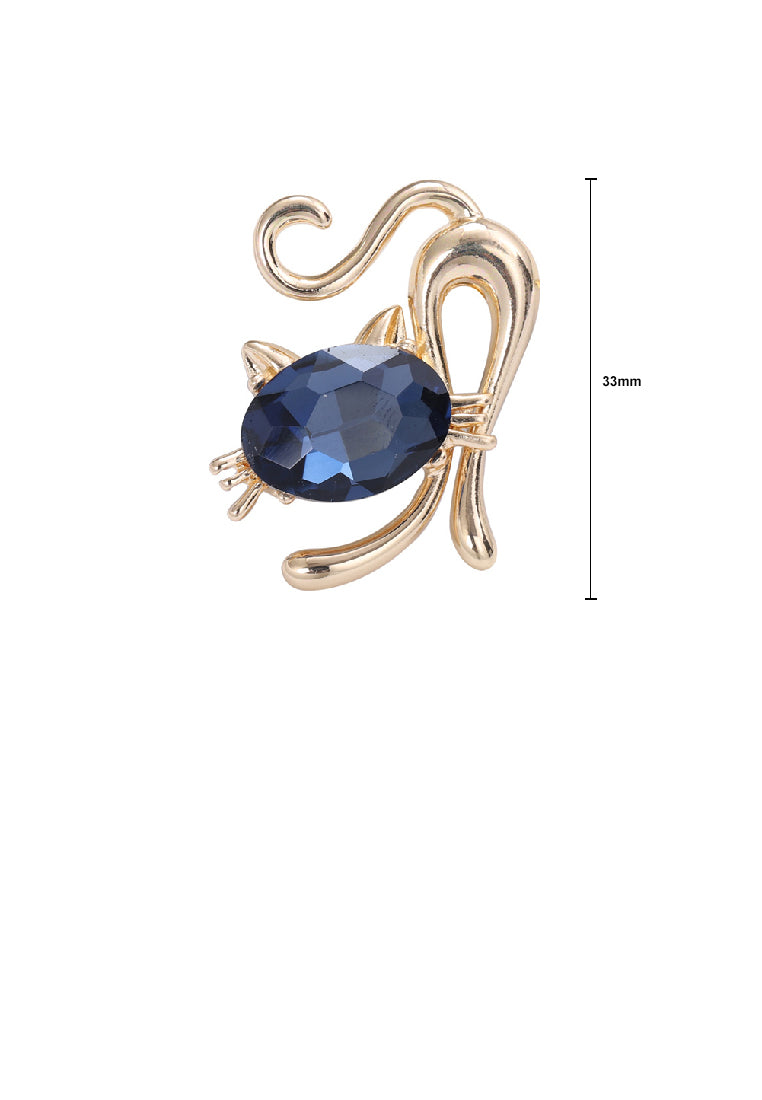 Simple and Cute Plated Gold Cat Brooch with Blue Cubic Zirconia - Luxurious Look