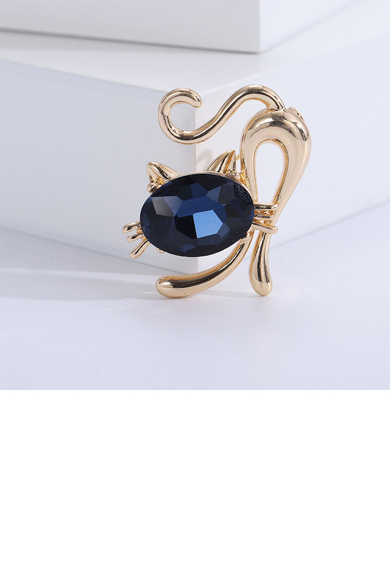 Simple and Cute Plated Gold Cat Brooch with Blue Cubic Zirconia - Luxurious Look