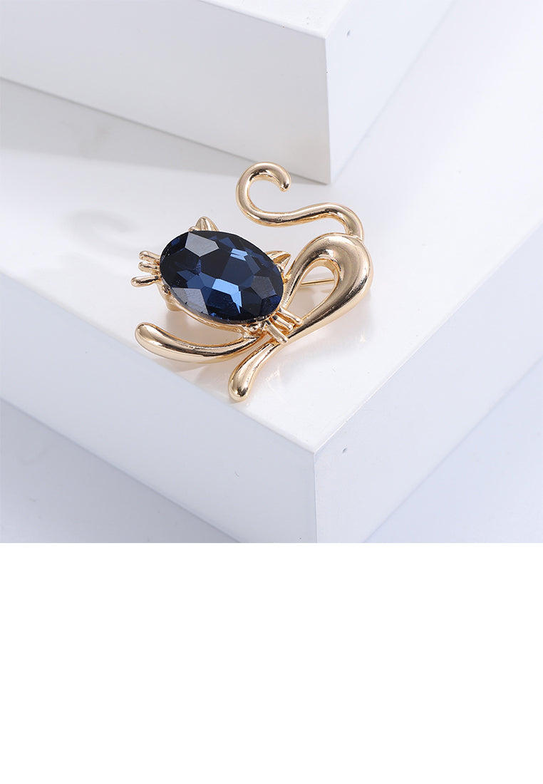 Simple and Cute Plated Gold Cat Brooch with Blue Cubic Zirconia - Luxurious Look