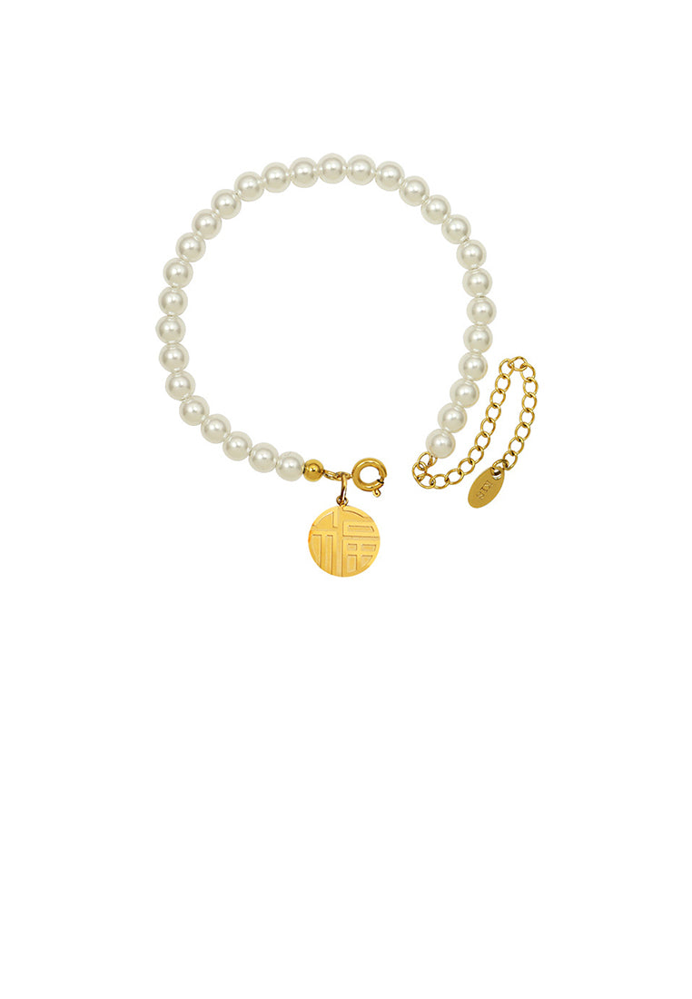 Elegant Vintage Plated Gold 316L Stainless Steel Blessing Geometric Round Imitation Pearl Beaded Bracelet - Luxurious Look