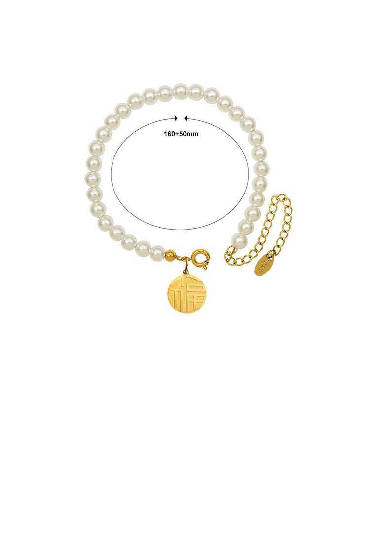 Elegant Vintage Plated Gold 316L Stainless Steel Blessing Geometric Round Imitation Pearl Beaded Bracelet - Luxurious Look