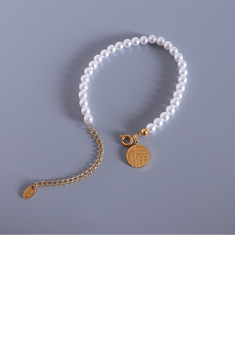 Elegant Vintage Plated Gold 316L Stainless Steel Blessing Geometric Round Imitation Pearl Beaded Bracelet - Luxurious Look