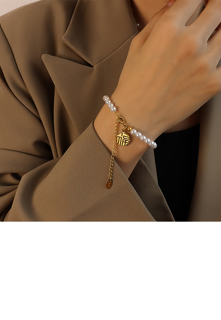 Elegant Vintage Plated Gold 316L Stainless Steel Blessing Geometric Round Imitation Pearl Beaded Bracelet - Luxurious Look