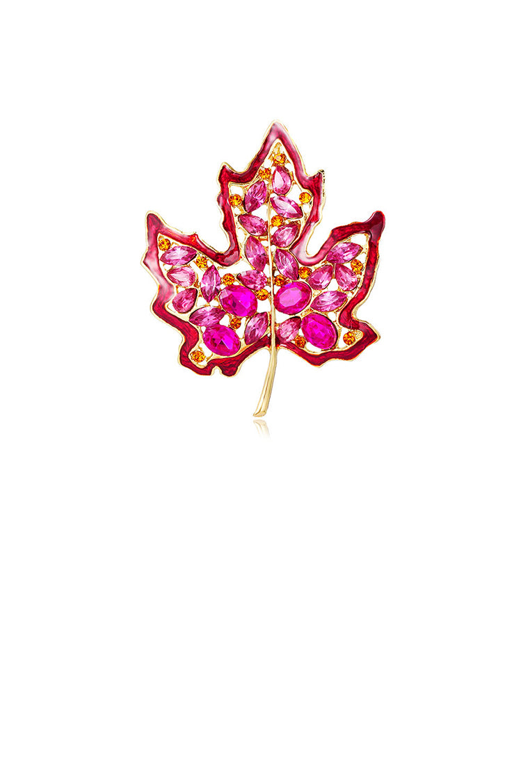 Fashion and Elegant Plated Gold Hollow Maple Leaf Brooch with Pink Cubic Zirconia - Luxurious Look - Vibrant Color
