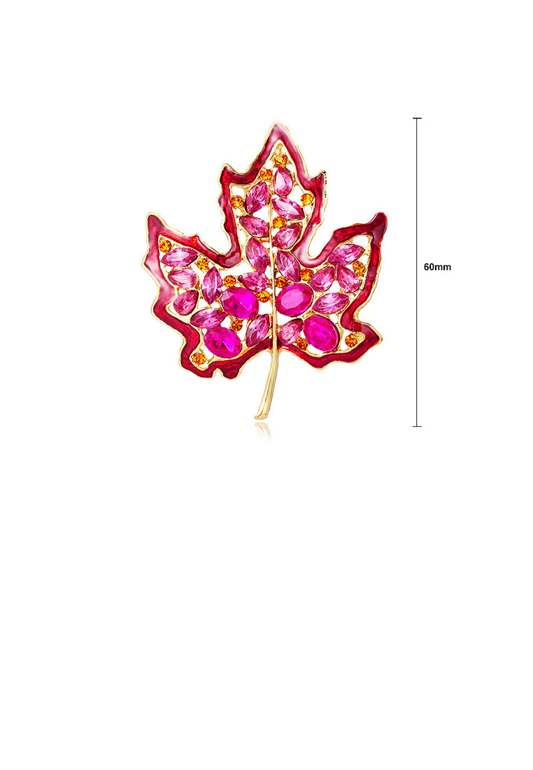 Fashion and Elegant Plated Gold Hollow Maple Leaf Brooch with Pink Cubic Zirconia - Luxurious Look - Vibrant Color