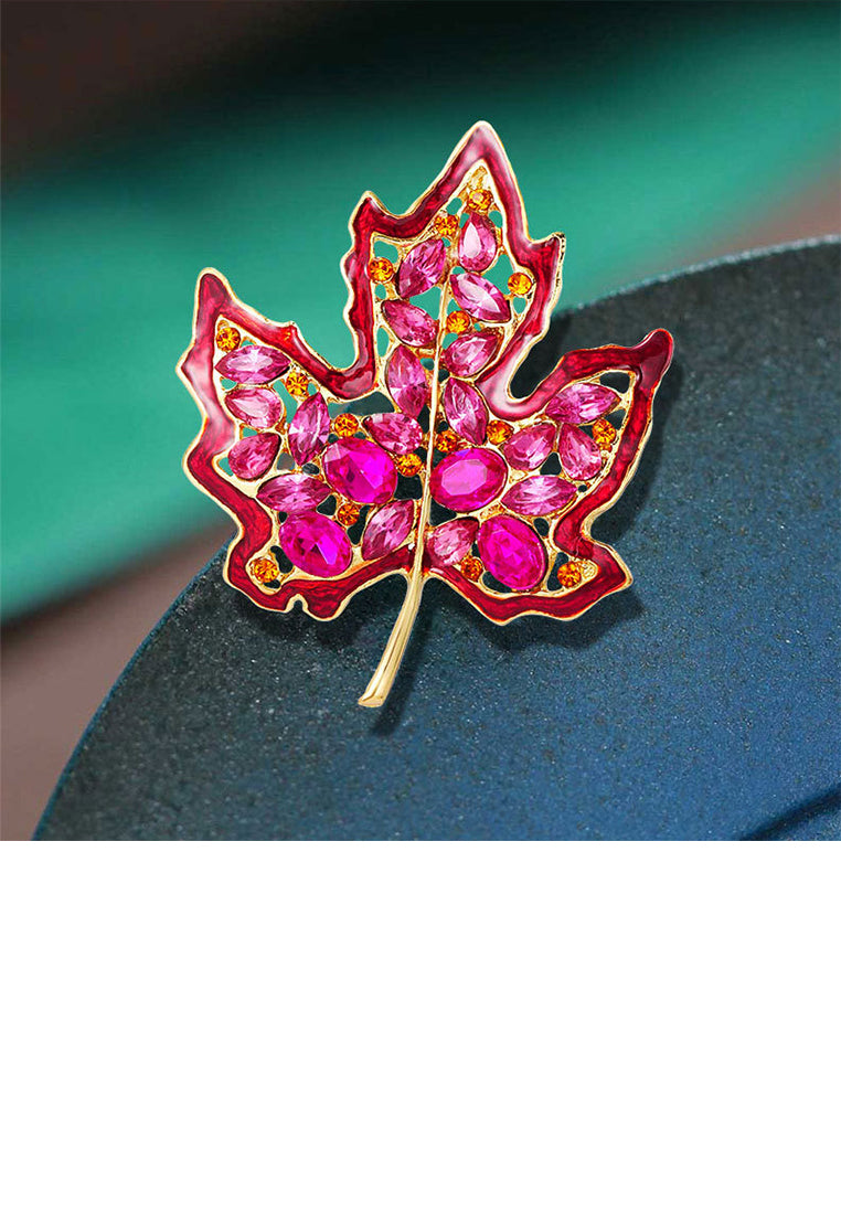 Fashion and Elegant Plated Gold Hollow Maple Leaf Brooch with Pink Cubic Zirconia - Luxurious Look - Vibrant Color