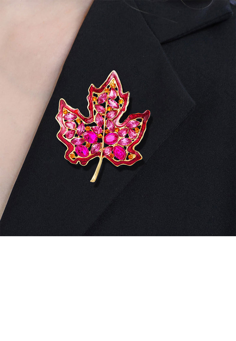 Fashion and Elegant Plated Gold Hollow Maple Leaf Brooch with Pink Cubic Zirconia - Luxurious Look - Vibrant Color