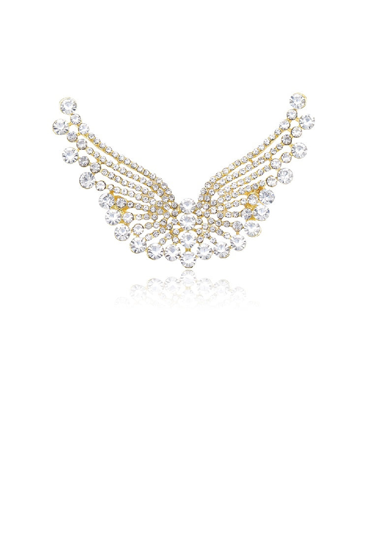 Simple Brilliant Plated Gold Angel Wings Brooch with Cubic Zirconia - Luxurious Look