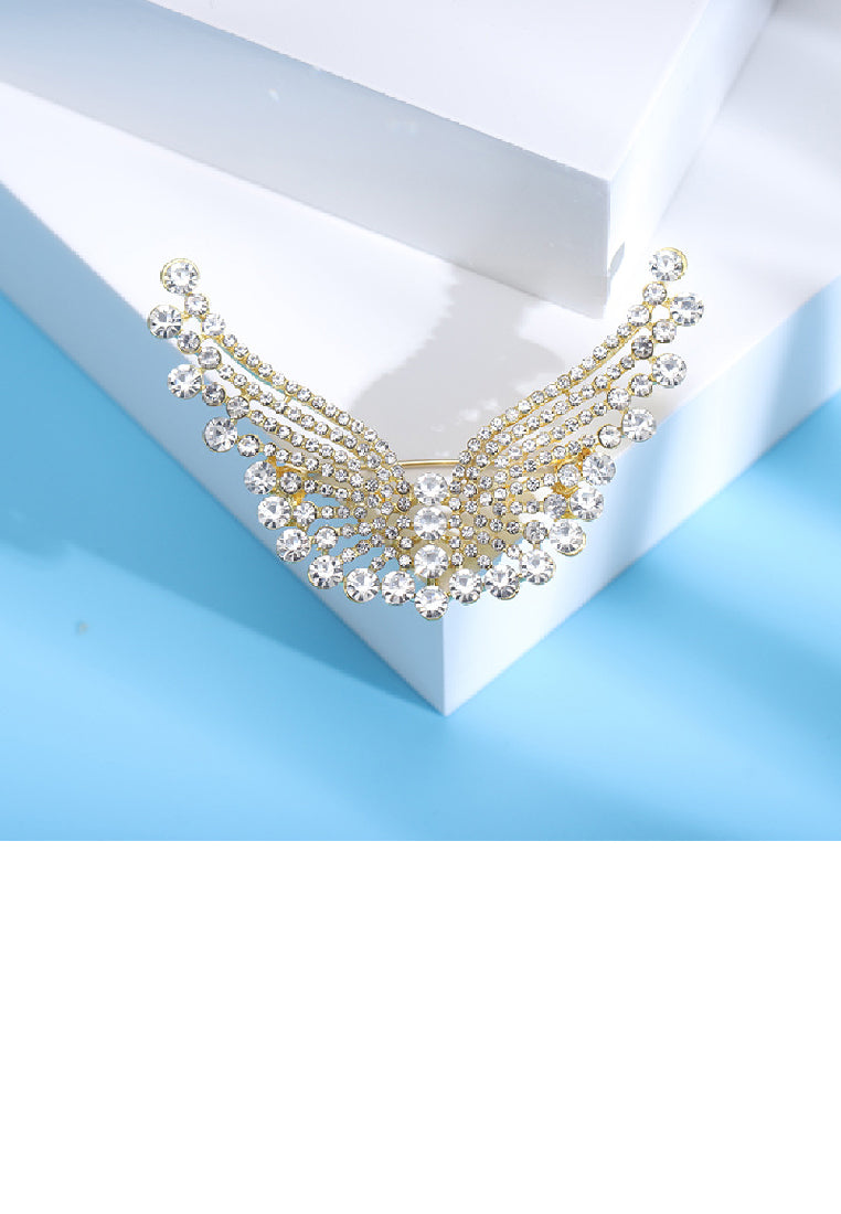 Simple Brilliant Plated Gold Angel Wings Brooch with Cubic Zirconia - Luxurious Look