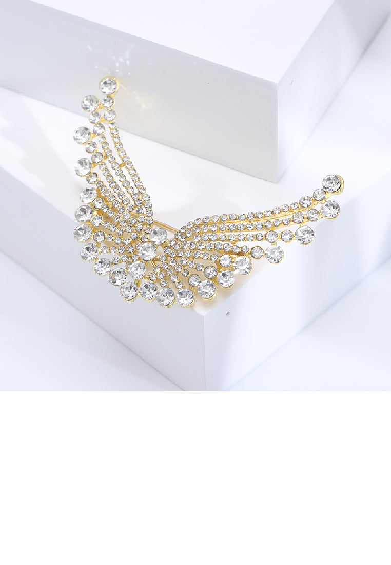 Simple Brilliant Plated Gold Angel Wings Brooch with Cubic Zirconia - Luxurious Look