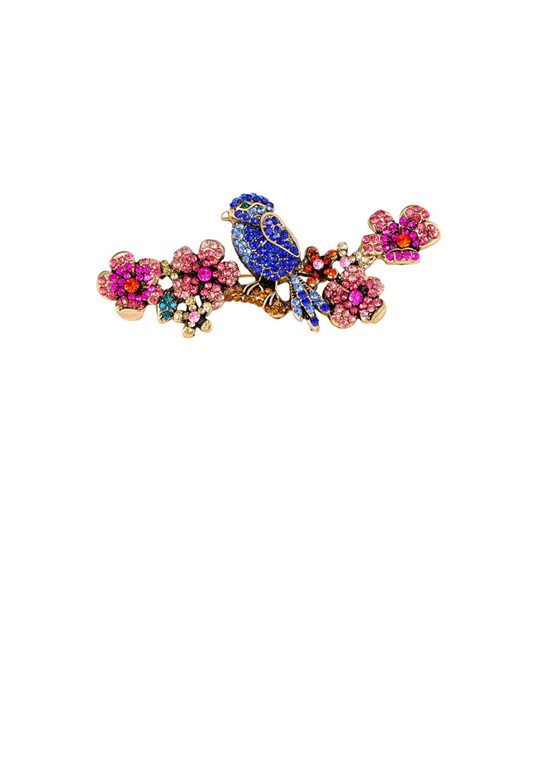 Fashion and Elegant Plated Gold Bird and Flower Brooch with Colored Cubic Zirconia - Luxurious Look