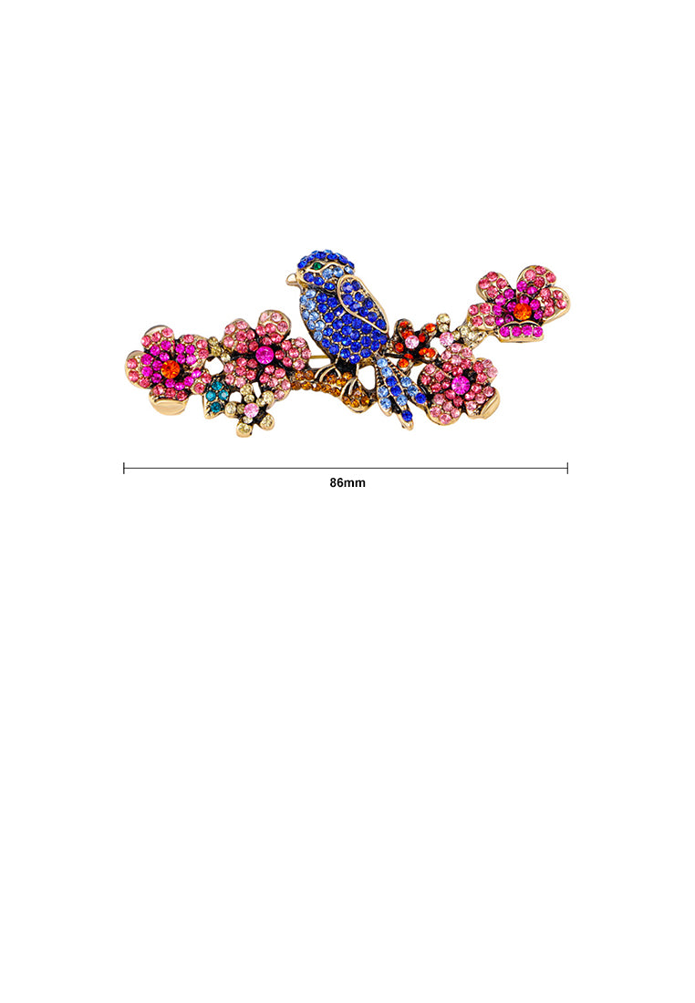 Fashion and Elegant Plated Gold Bird and Flower Brooch with Colored Cubic Zirconia - Luxurious Look