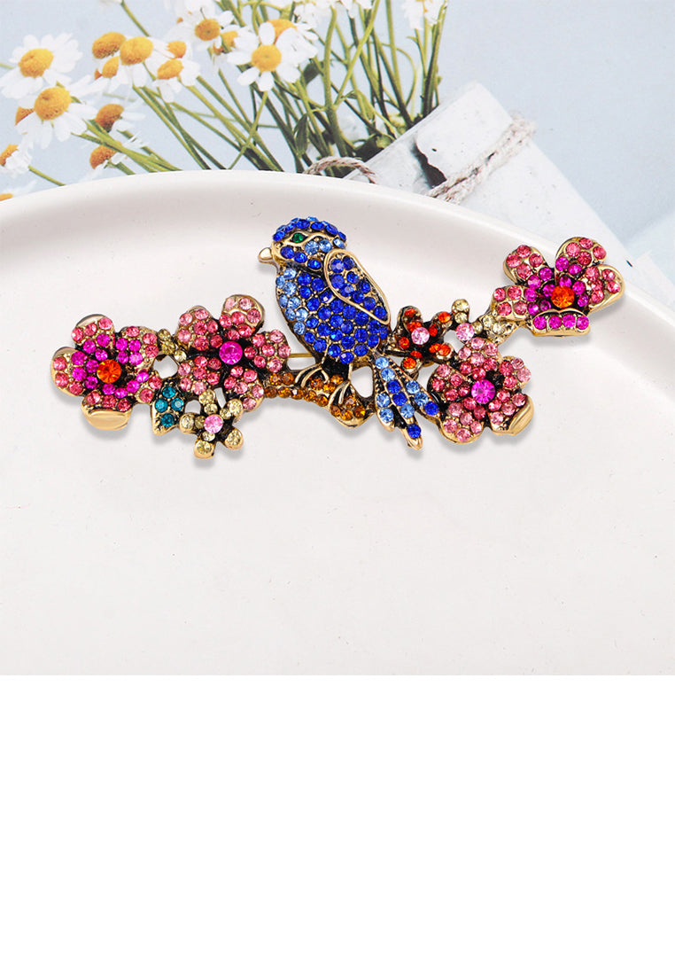 Fashion and Elegant Plated Gold Bird and Flower Brooch with Colored Cubic Zirconia - Luxurious Look