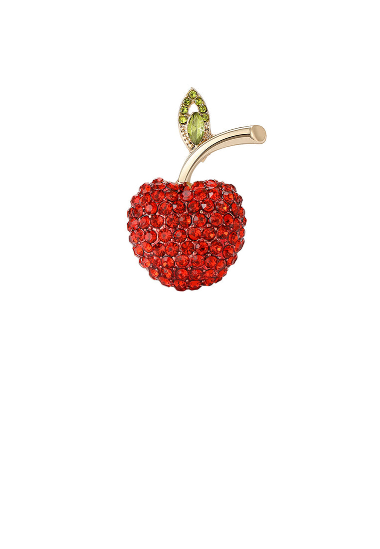 Sweet Brilliant Plated Gold Apple Brooch with Red Cubic Zirconia - Luxurious Look - Vibrant Color
