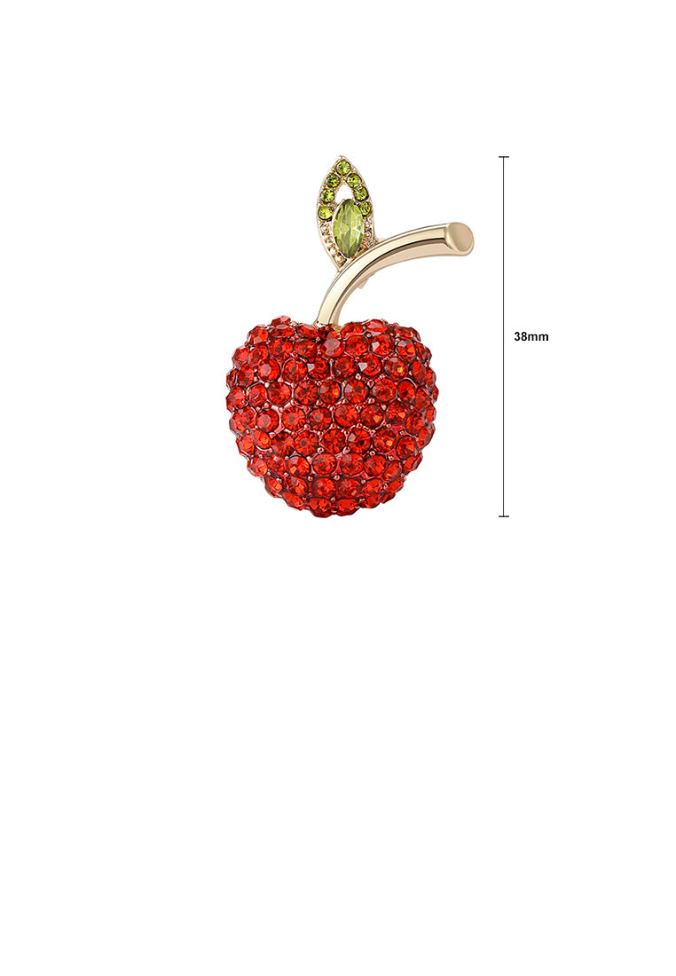 Sweet Brilliant Plated Gold Apple Brooch with Red Cubic Zirconia - Luxurious Look - Vibrant Color
