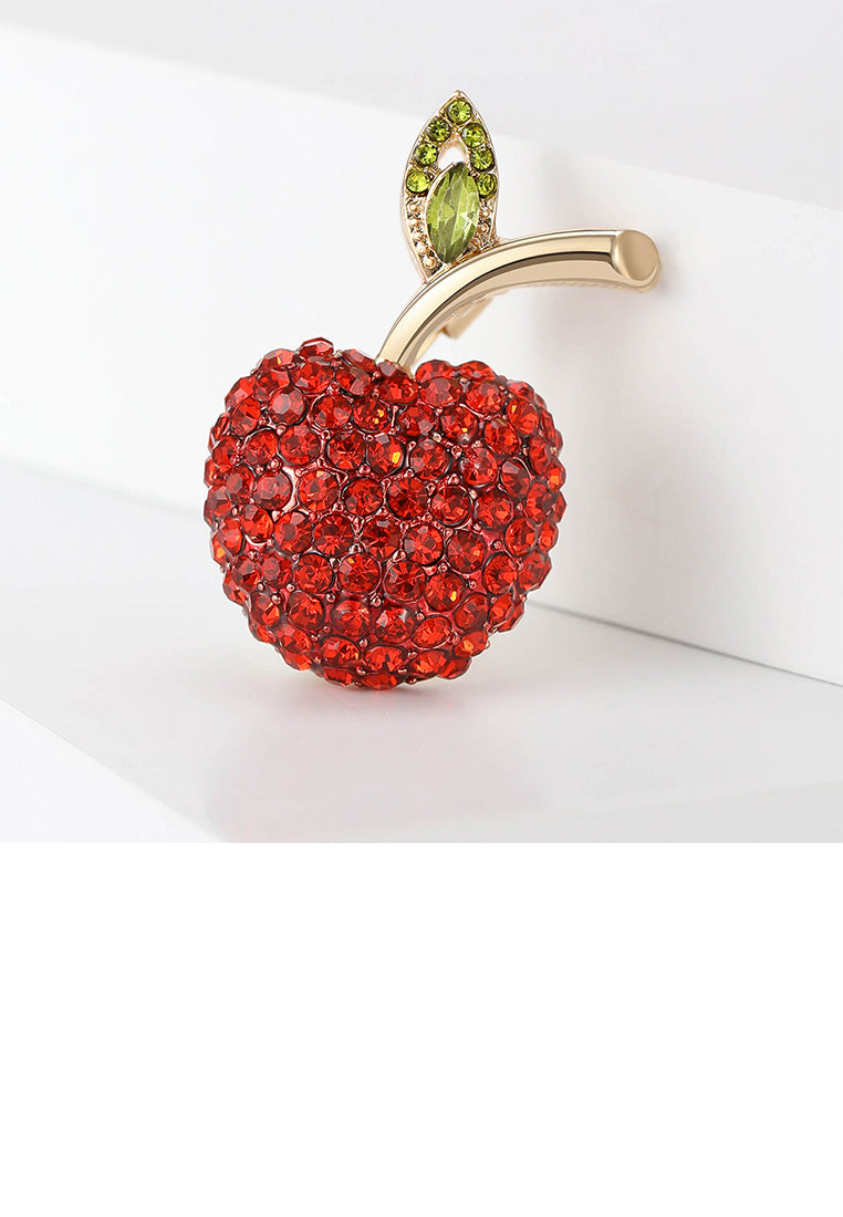 Sweet Brilliant Plated Gold Apple Brooch with Red Cubic Zirconia - Luxurious Look - Vibrant Color