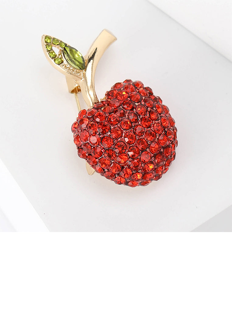 Sweet Brilliant Plated Gold Apple Brooch with Red Cubic Zirconia - Luxurious Look - Vibrant Color