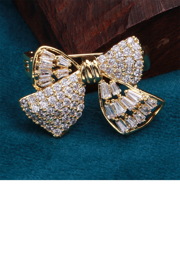 Fashion Sweet Plated Gold Ribbon Brooch with Cubic Zirconia - Luxurious Look