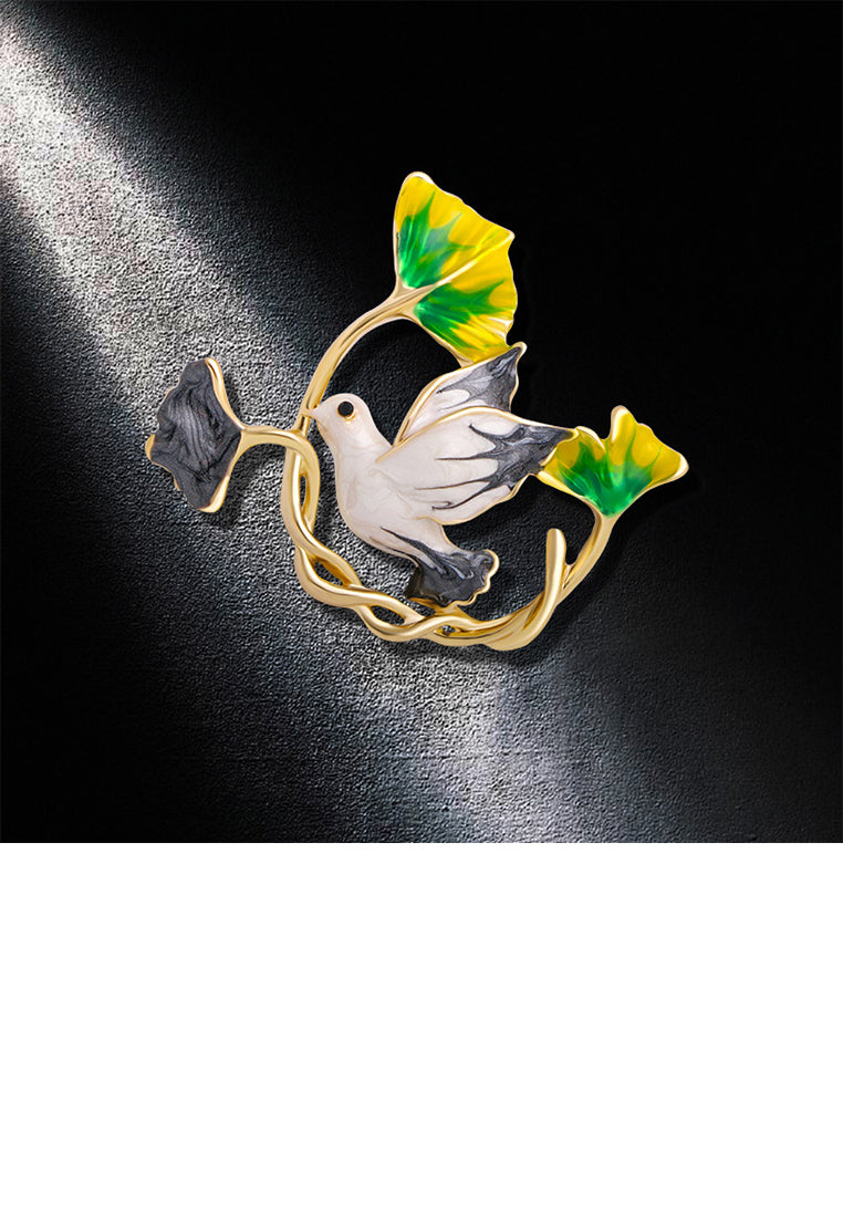 Fashion and Elegant Plated Gold Enamel Grey Peace Dove Leaf Brooch