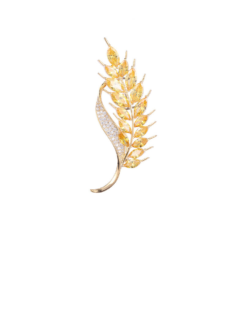 Fashion Brilliant Plated Gold Wheat Brooch with Yellow Cubic Zirconia - Luxurious Look