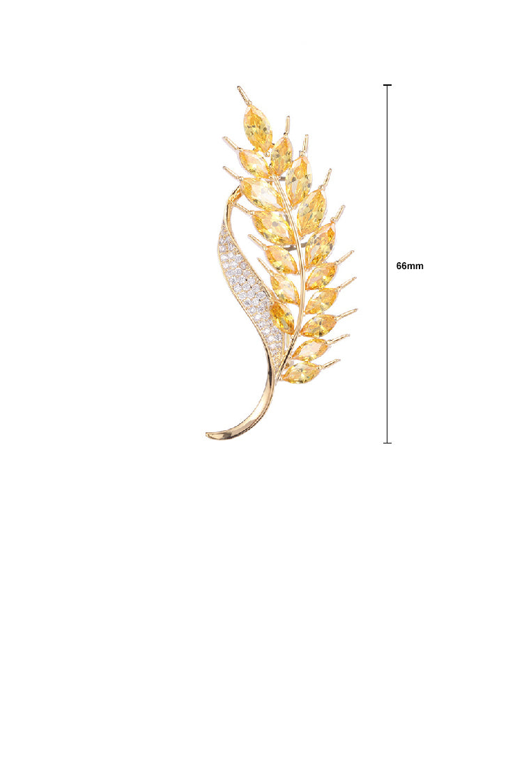 Fashion Brilliant Plated Gold Wheat Brooch with Yellow Cubic Zirconia - Luxurious Look