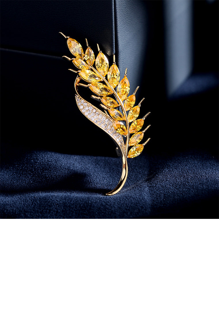 Fashion Brilliant Plated Gold Wheat Brooch with Yellow Cubic Zirconia - Luxurious Look