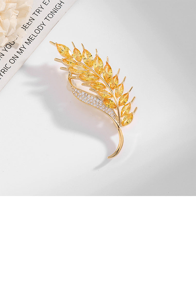 Fashion Brilliant Plated Gold Wheat Brooch with Yellow Cubic Zirconia - Luxurious Look