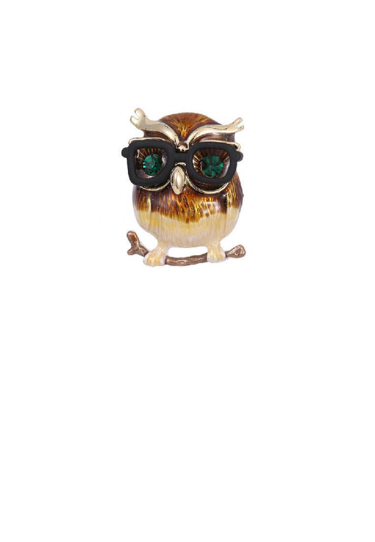 Simple and Lovely Plated Gold Enamel Owl Brooch with Cubic Zirconia - Luxurious Look