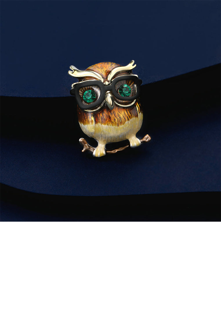 Simple and Lovely Plated Gold Enamel Owl Brooch with Cubic Zirconia - Luxurious Look